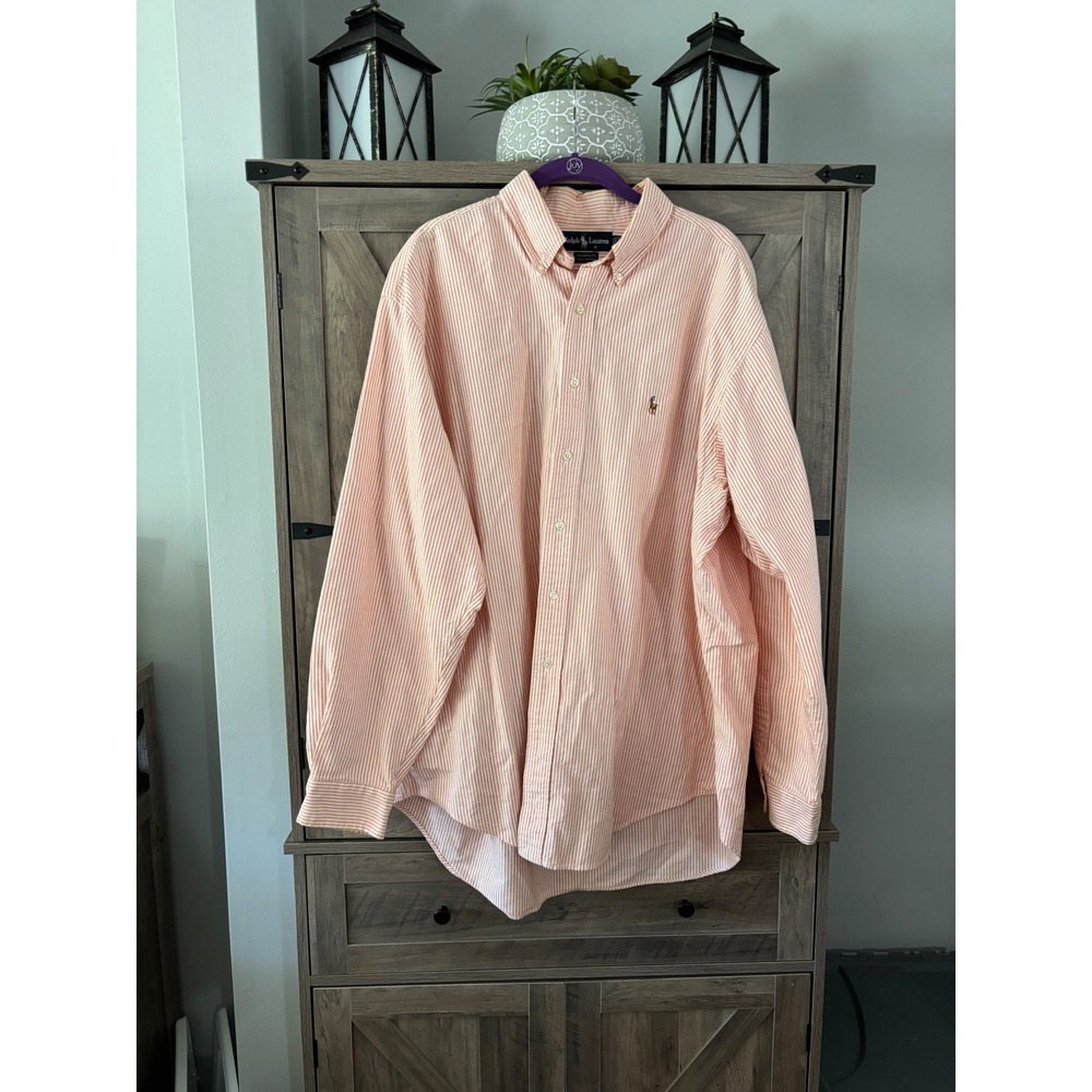 Ralph Lauren Yarmouth Mens 17.5 36 Orange White Striped Cotton Button Down Shirt
